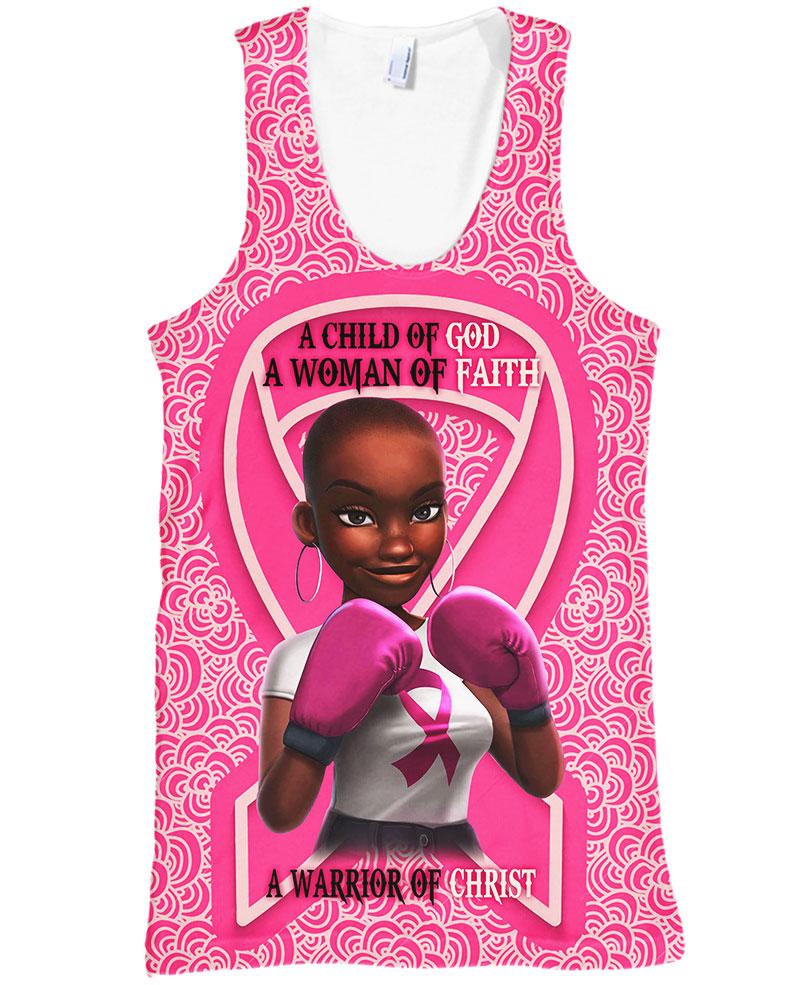 Black girl warrior a child of god a woman of faith a warrior of christ breast cancer awareness 3d tank top
