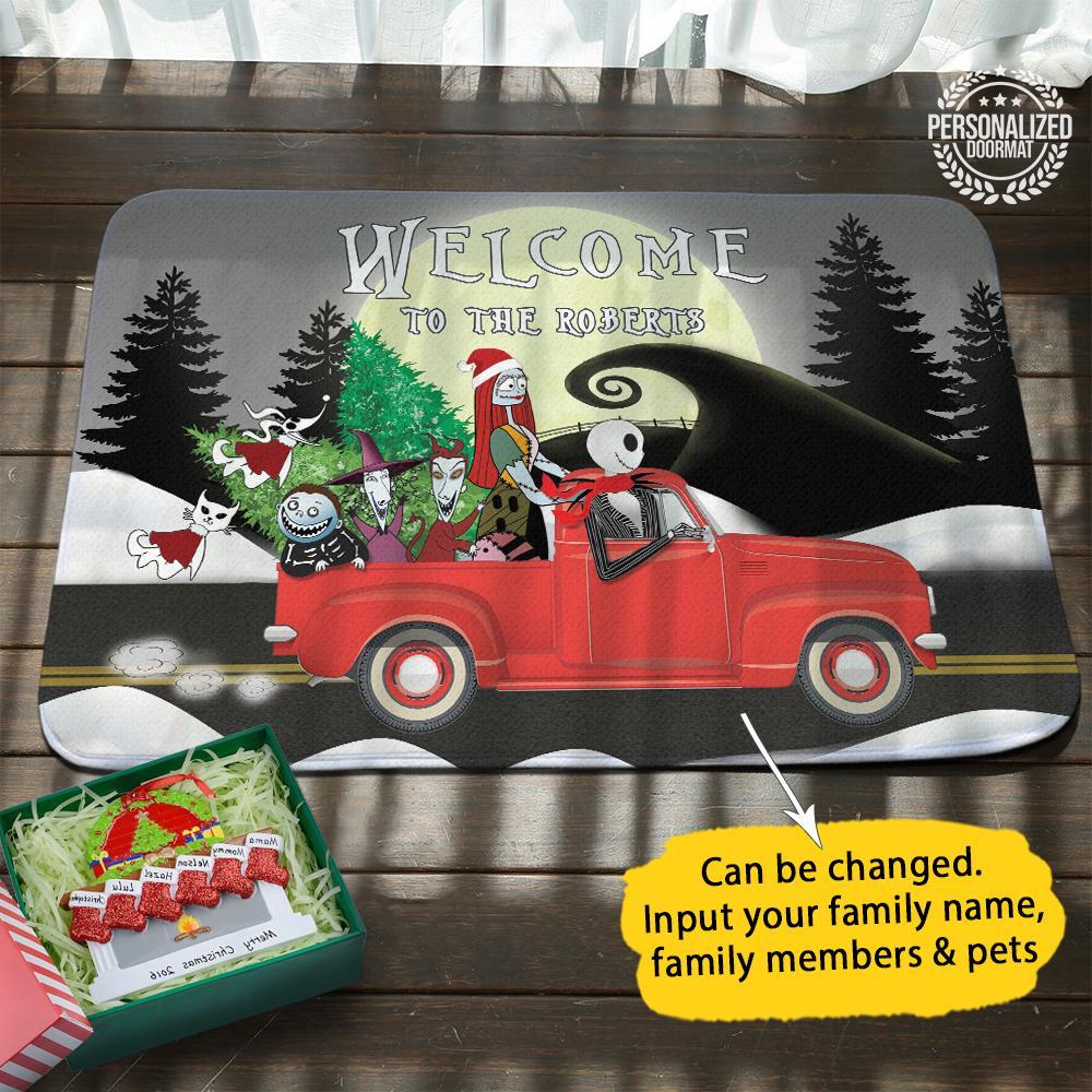 Christmas jack and sally on truck welcome to the robert doormat - gray