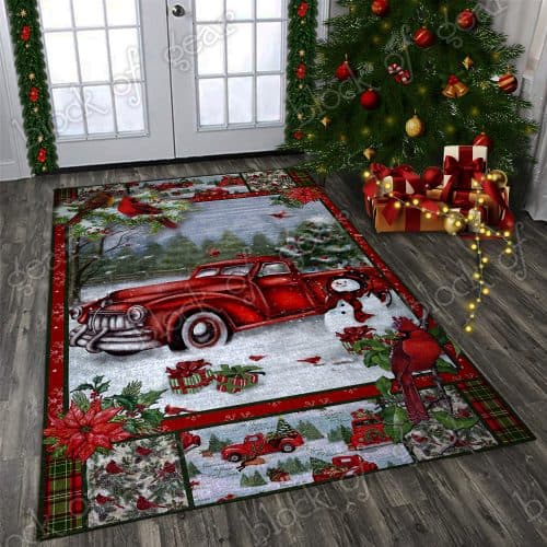 Christmas red truck snowy cardinals living room rug 1