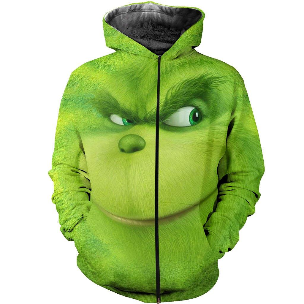 Christmas smiling grinch face 3d all over printed zip hoodie