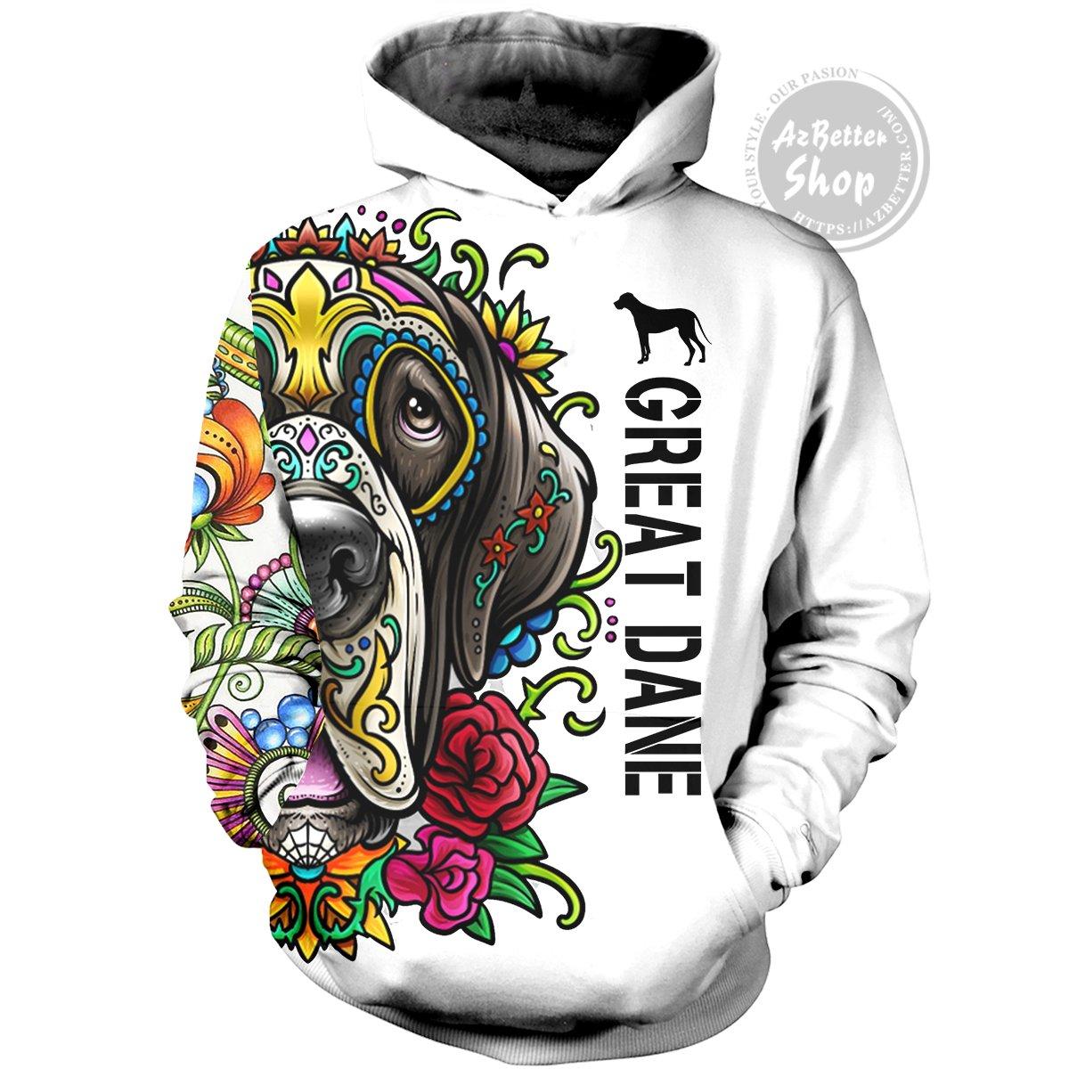 Great dane day of the dead sugar skull dog 3d hoodie - front