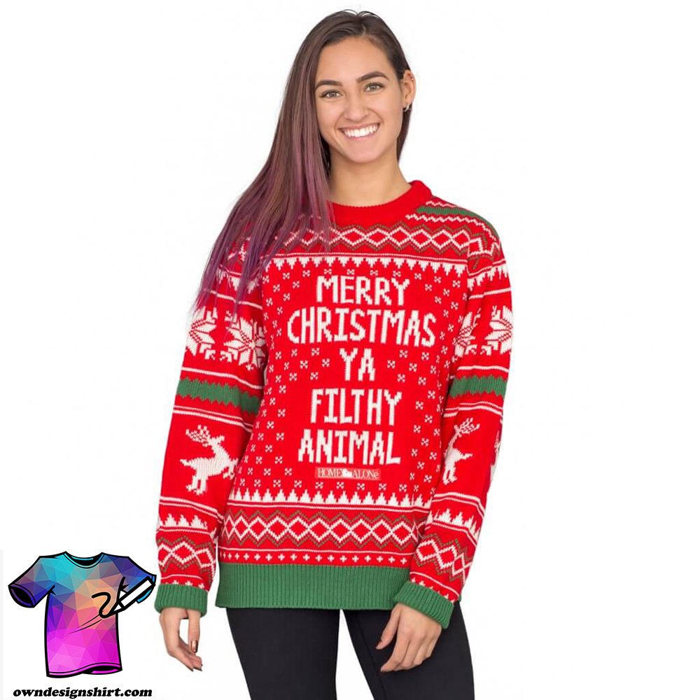 Merry christmas ya filthy animal snowflake and reindeer ugly christmas sweater