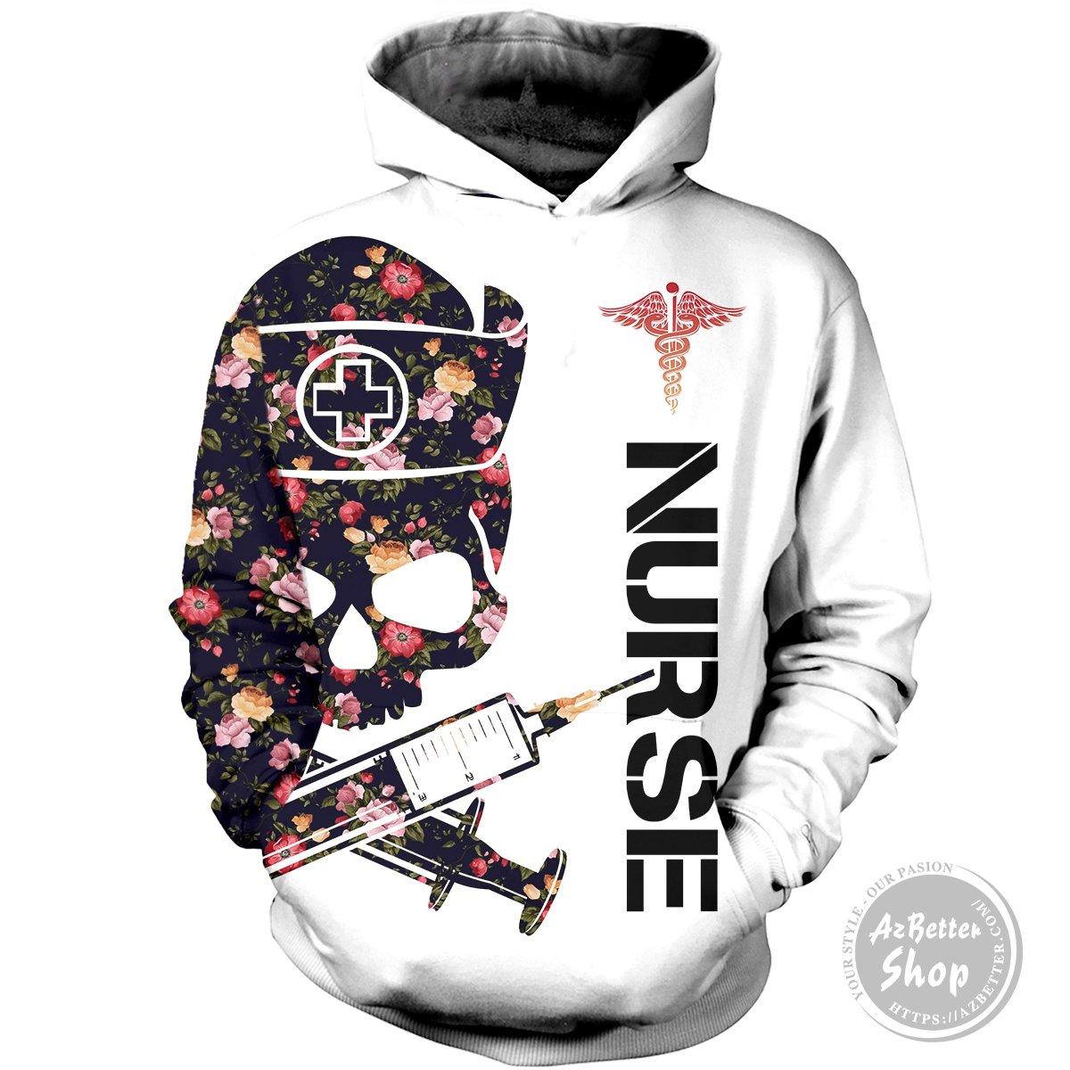 Nurse skull floral all over print hoodie - 2