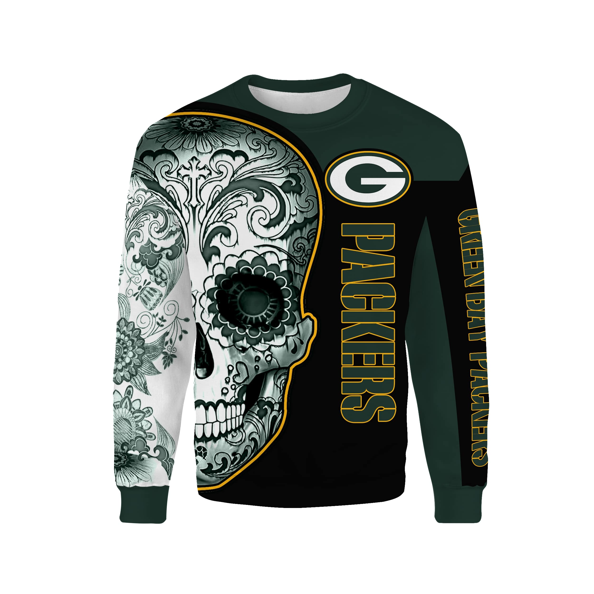 Sugal skull green bay packers full over print sweatshirt