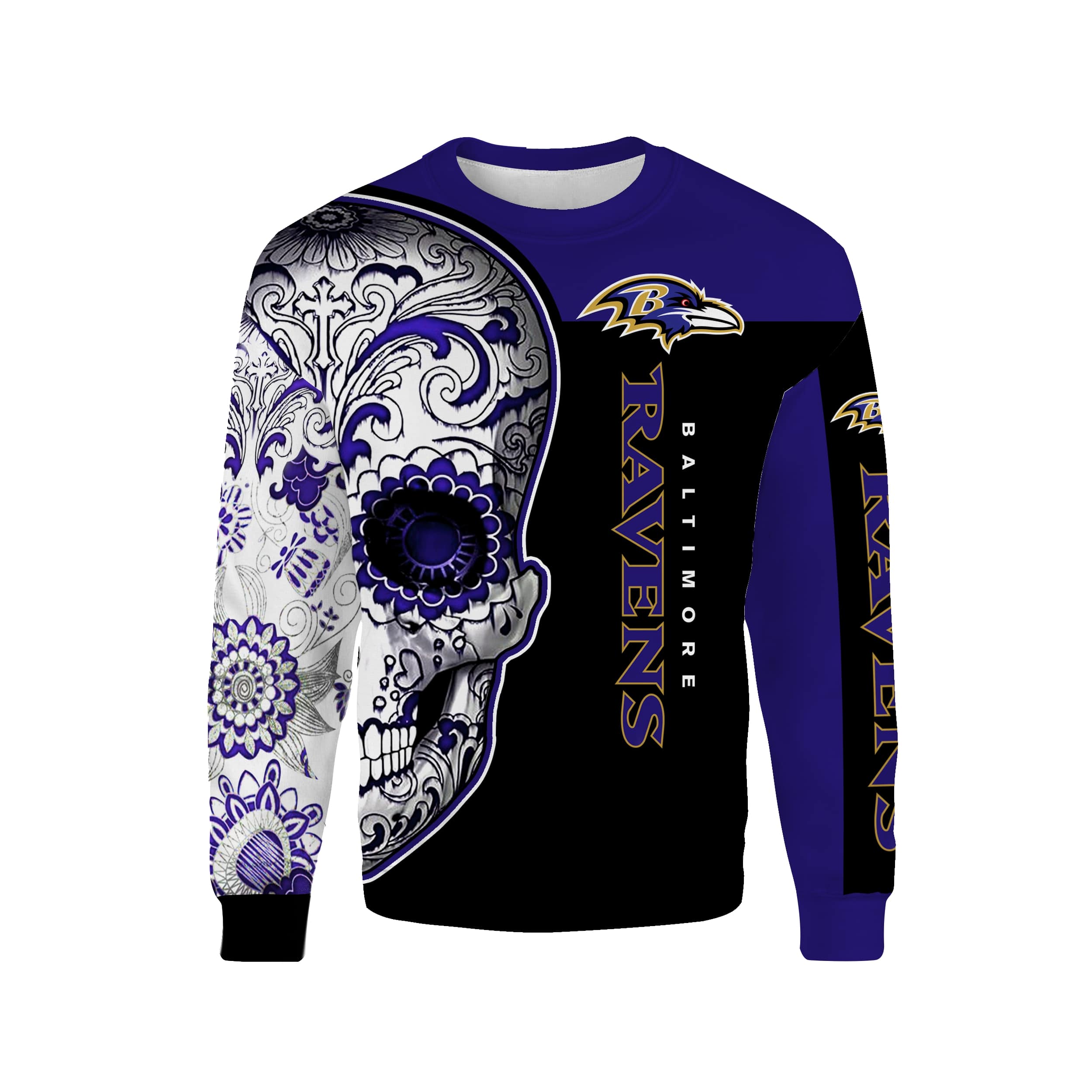 Sugar skull baltimore ravens all over print sweatshirt