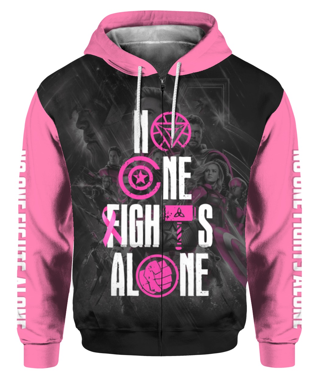 The avengers no one fights alone breast cancer awareness all over printed zip hoodie