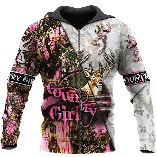 Country girl deer pink all over print zip hoodie