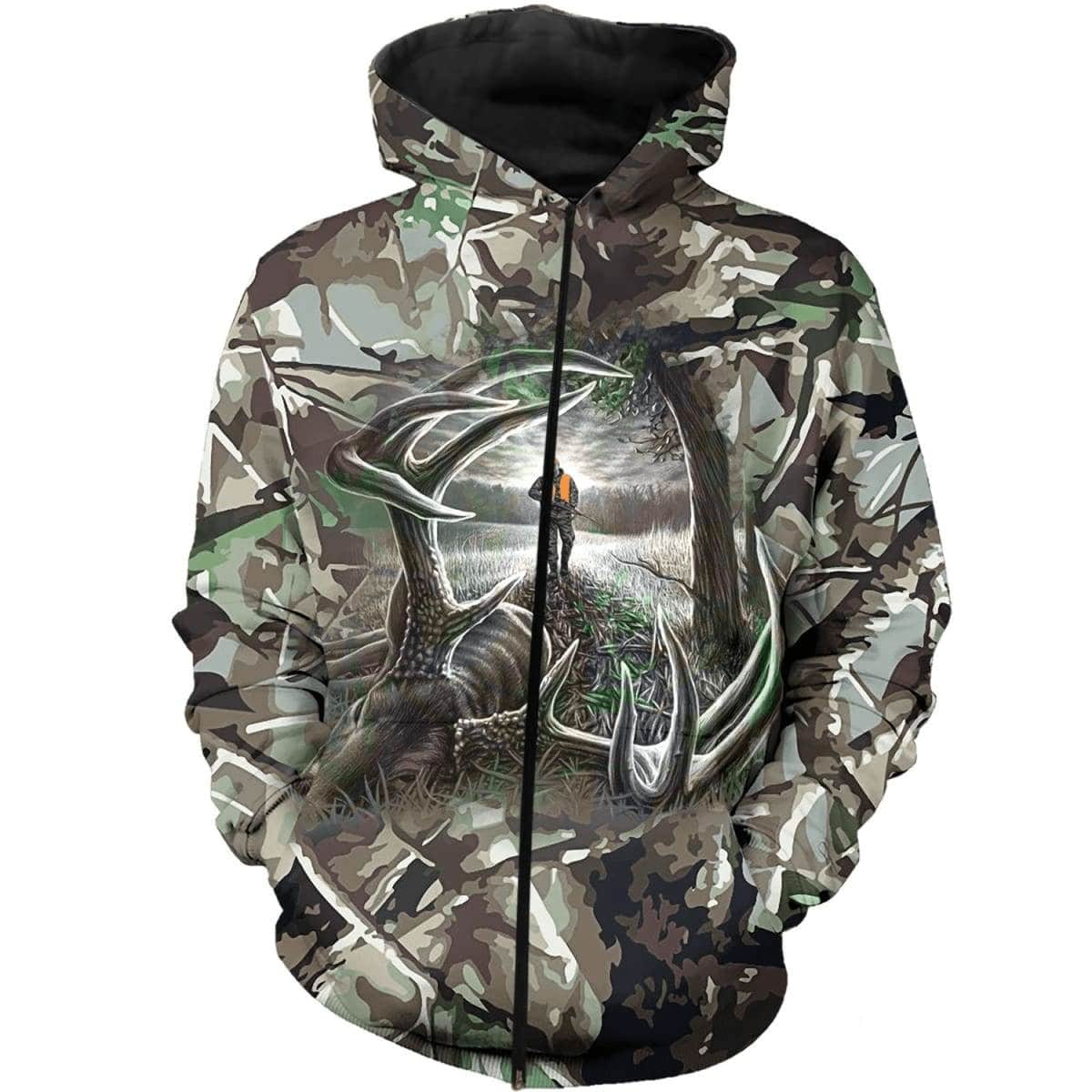 Hunting deer camo forest all over print zip hoodie 1