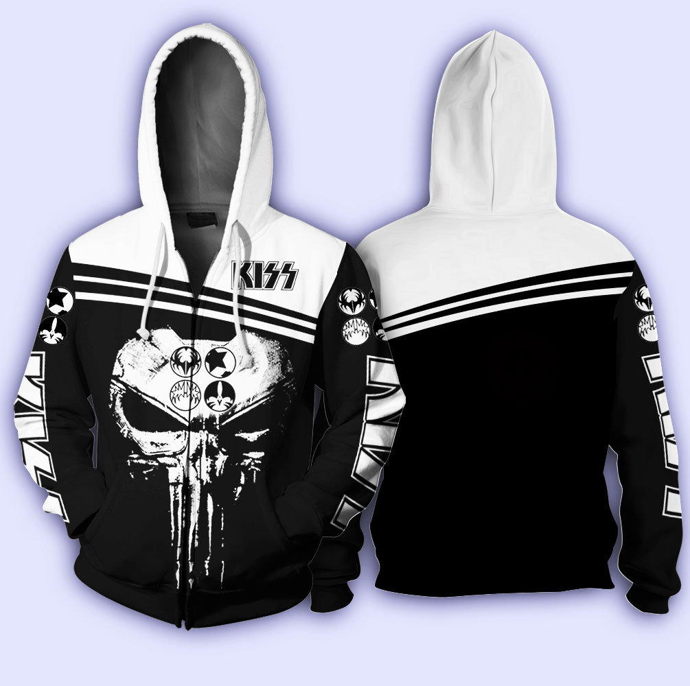Skull kiss band all over print zip hoodie