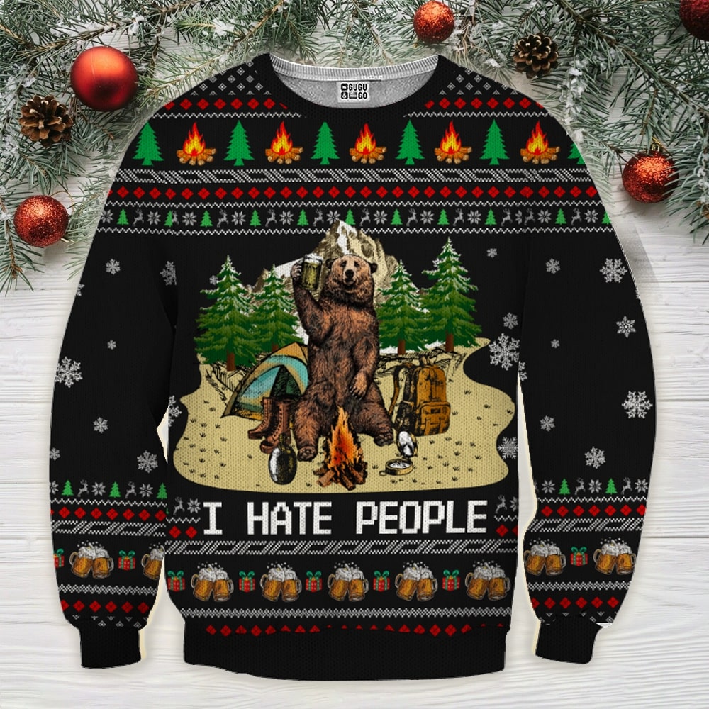Bear beer camping i hate people full printing ugly christmas sweater 4