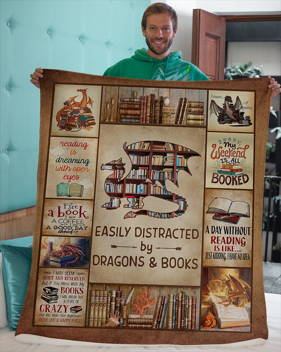 Easily distracted by dragons and books fleece blanket 3