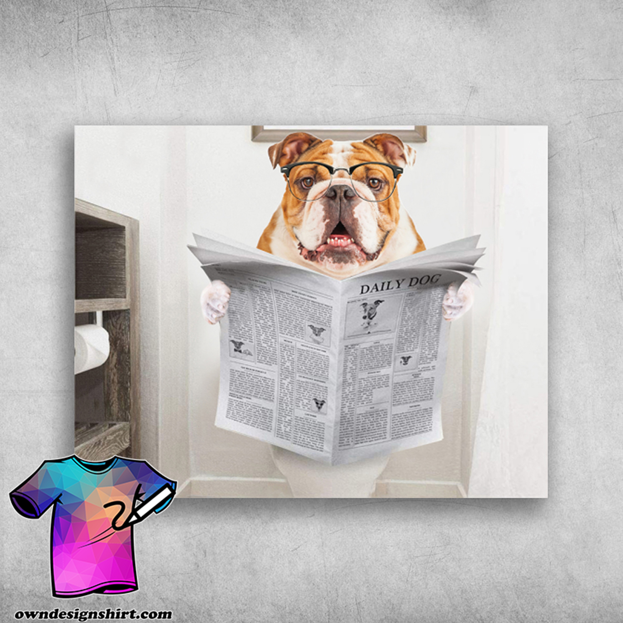 English bulldog read newspaper daily dog poster