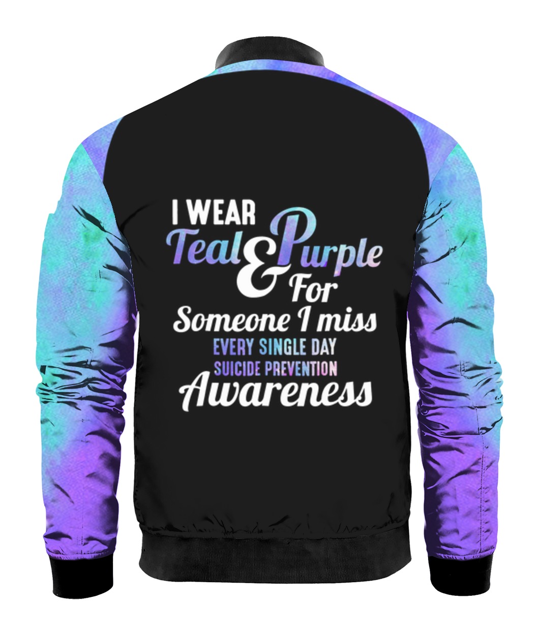 Ribbon suicide prevention awareness teal and purple full printing bomber - back