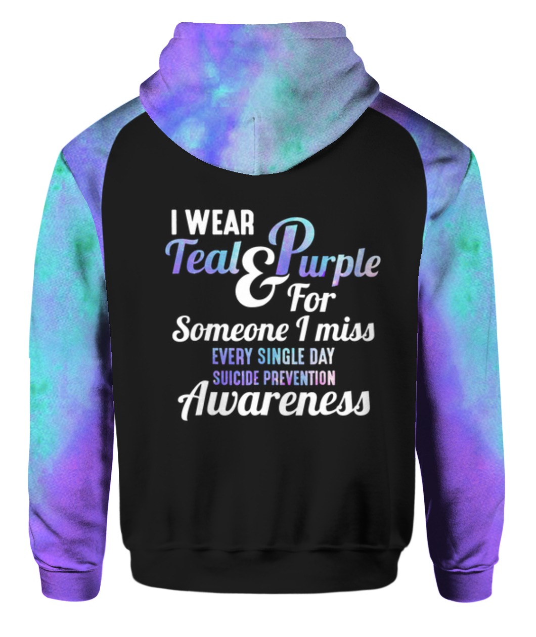 Ribbon suicide prevention awareness teal and purple full printing hoodie - back