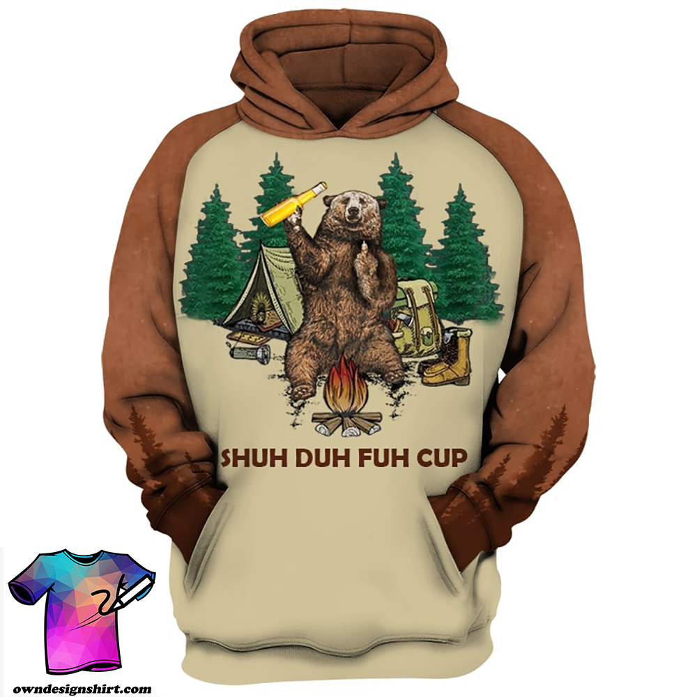 Shuh duh fuh cup bear drinking camping all over print shirt
