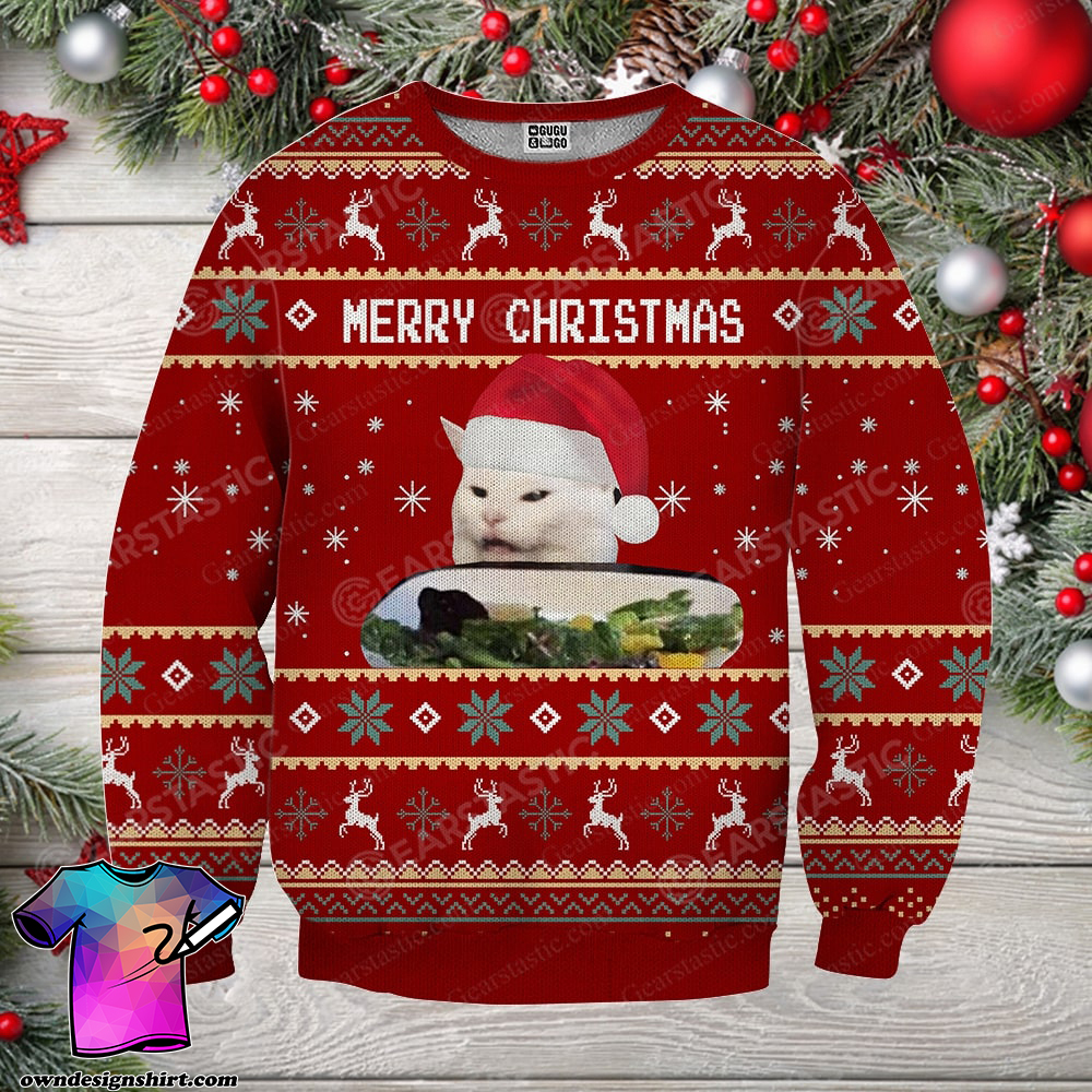 Woman yelling at cat full printing ugly christmas sweater