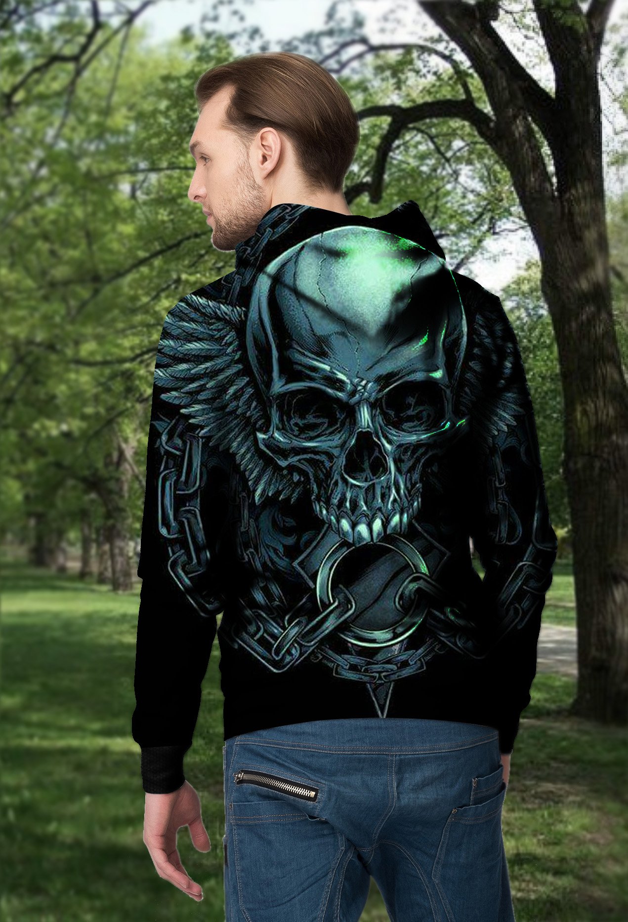 Angel wings skull full printing hoodie - back
