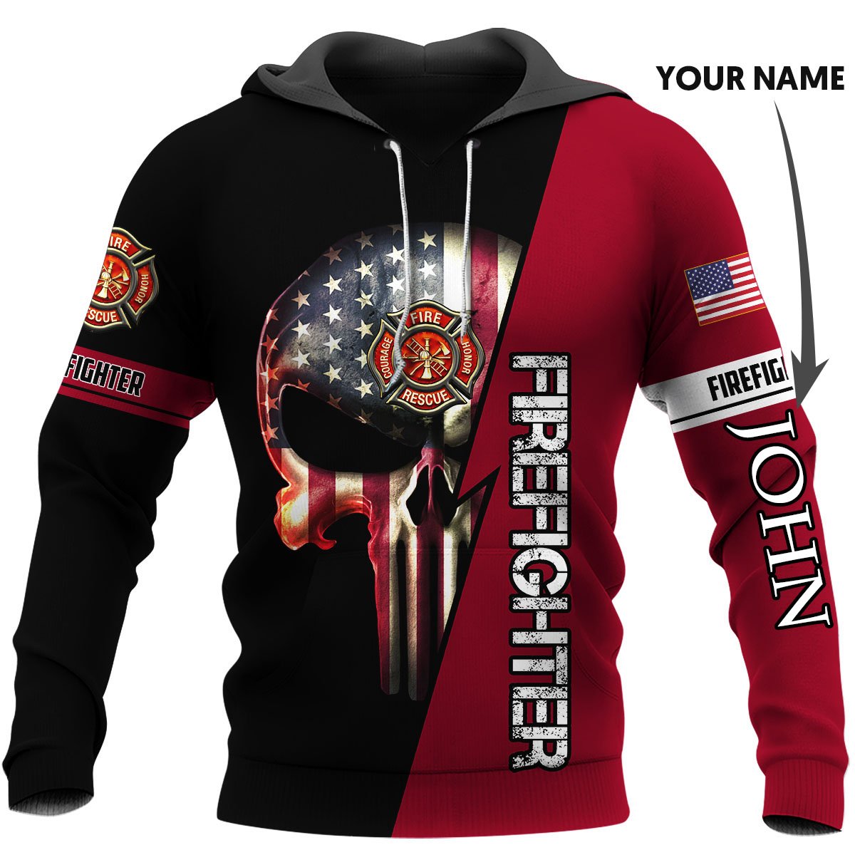 Customized us firefighter skull full printing hoodie