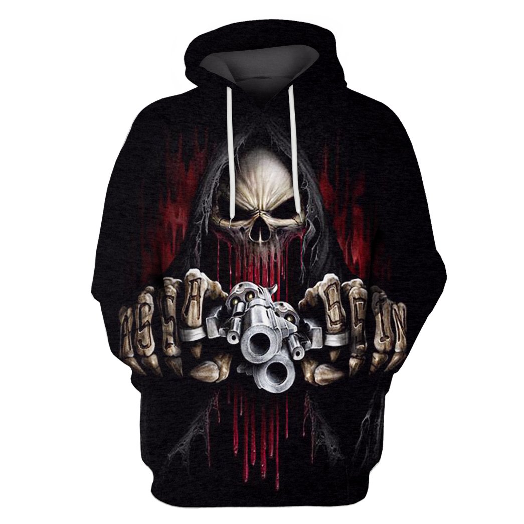 Death skull with gun all over hoodie 1