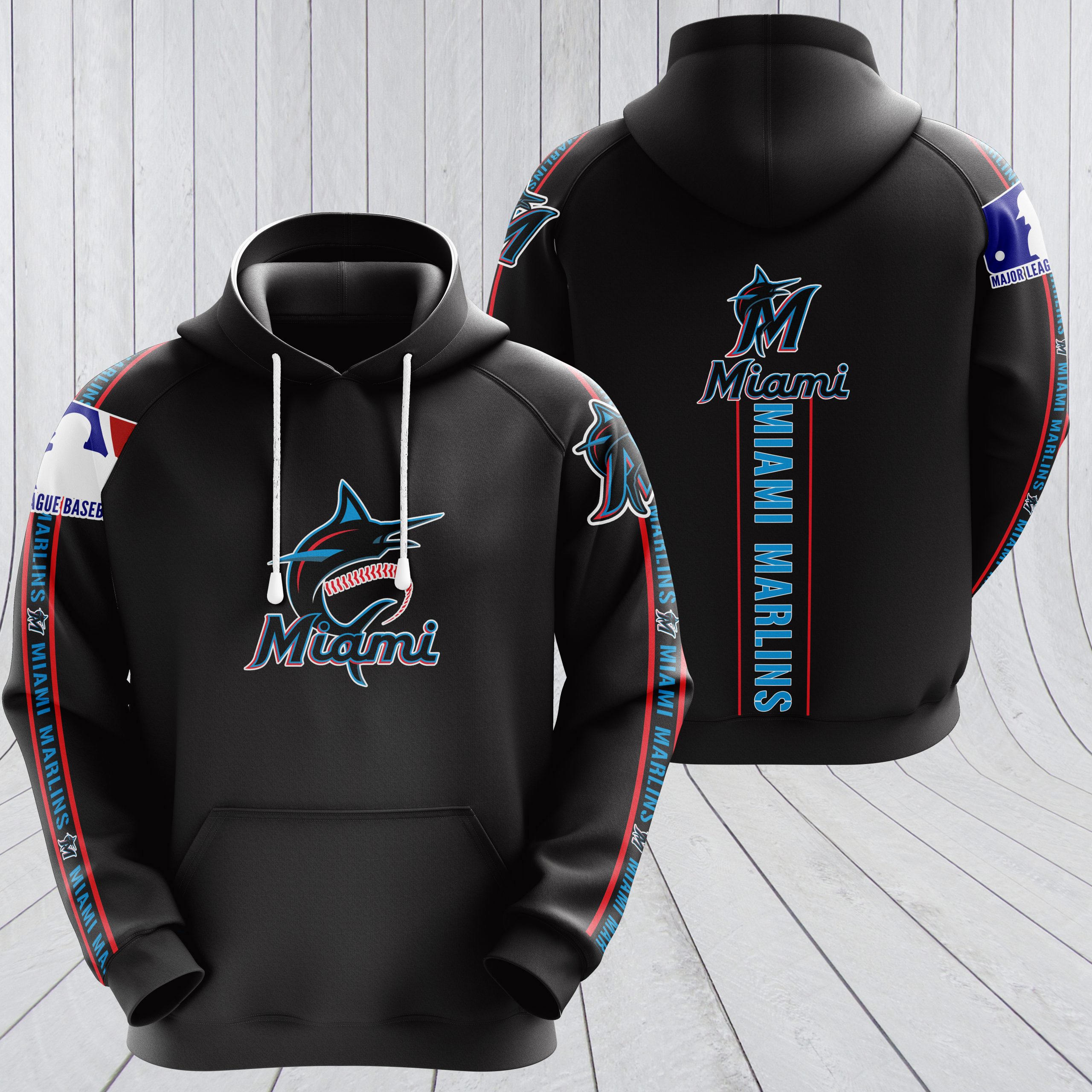 MLB miami marlins full printing hoodie - black