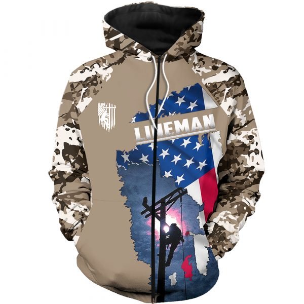 Camo lineman american flag full printing zip hoodie