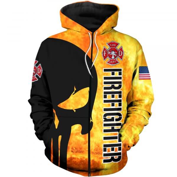 Firefighter skull full printing zip hoodie