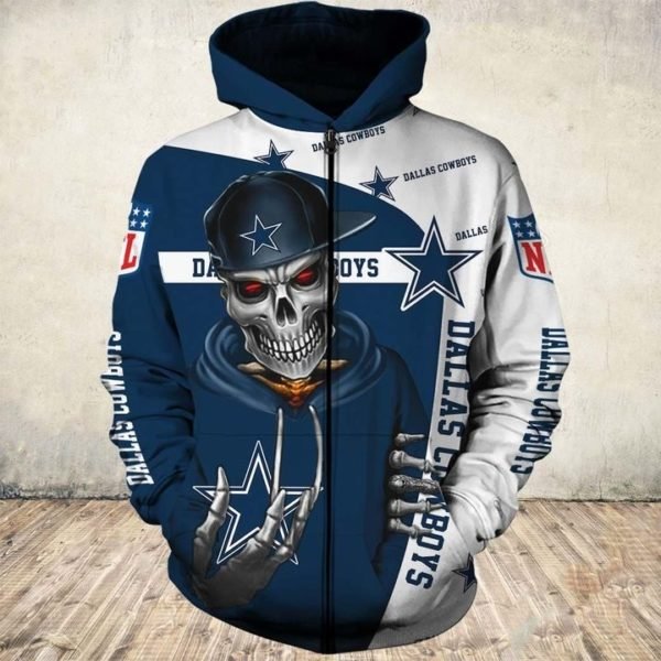 Skull dallas cowboys nfl all over printed zip hoodie