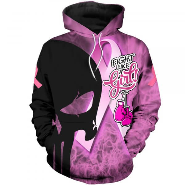 Skull fight like a girl breast cancer awareness full printing hoodie