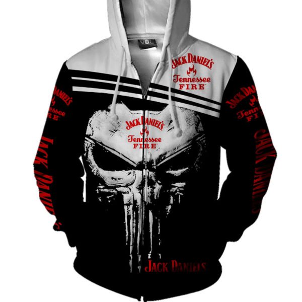 Skull jack daniel's tennessee fire full printing zip hoodie