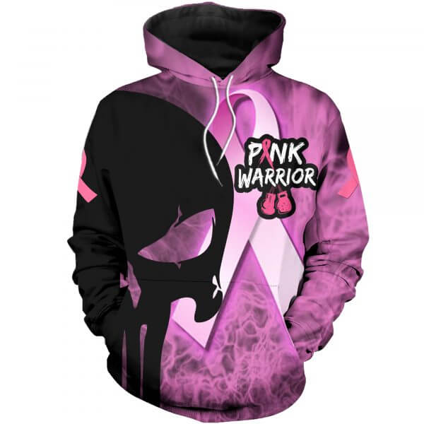 Skull pink warrior breast cancer awareness all over print hoodie