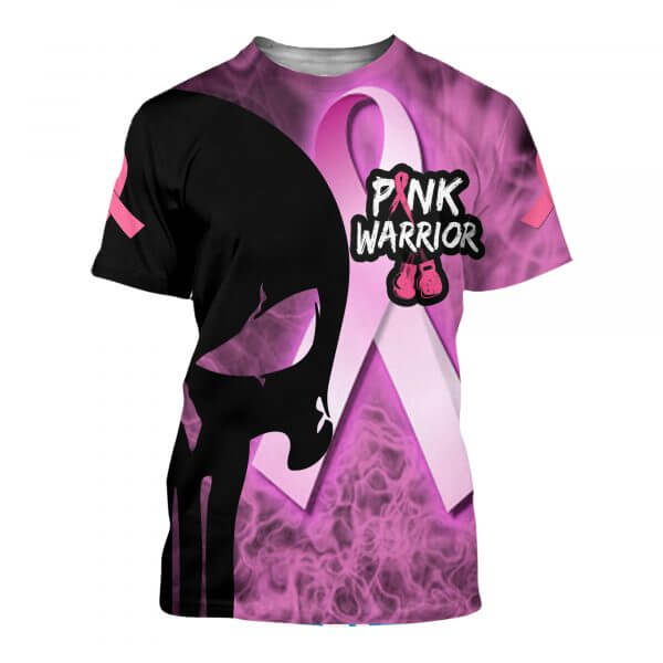 Skull pink warrior breast cancer awareness all over print tshirt