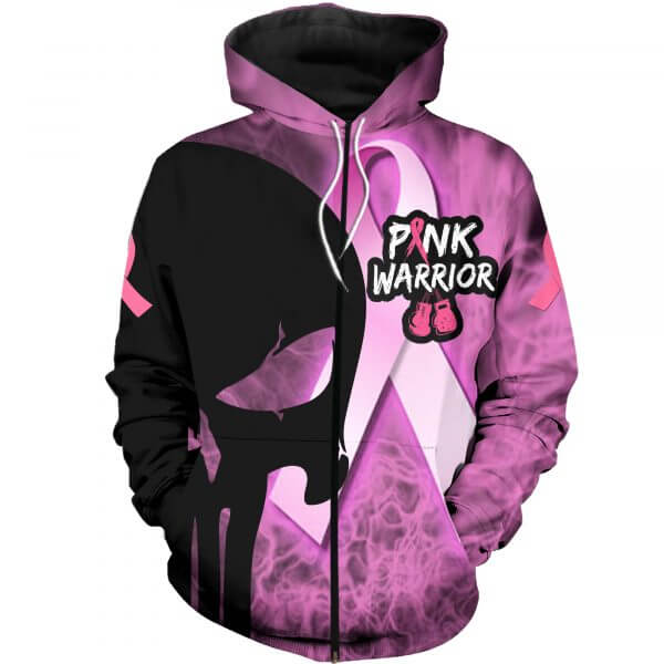 Skull pink warrior breast cancer awareness all over print zip hoodie