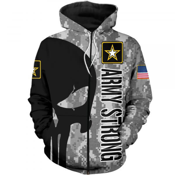 Skull us army strong full printing zip hoodie