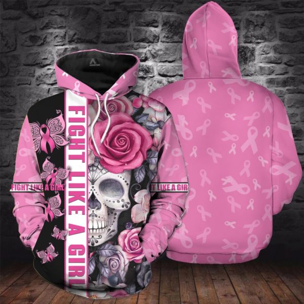 Breast cancer awareness skull butterfly all over printed hoodie 1