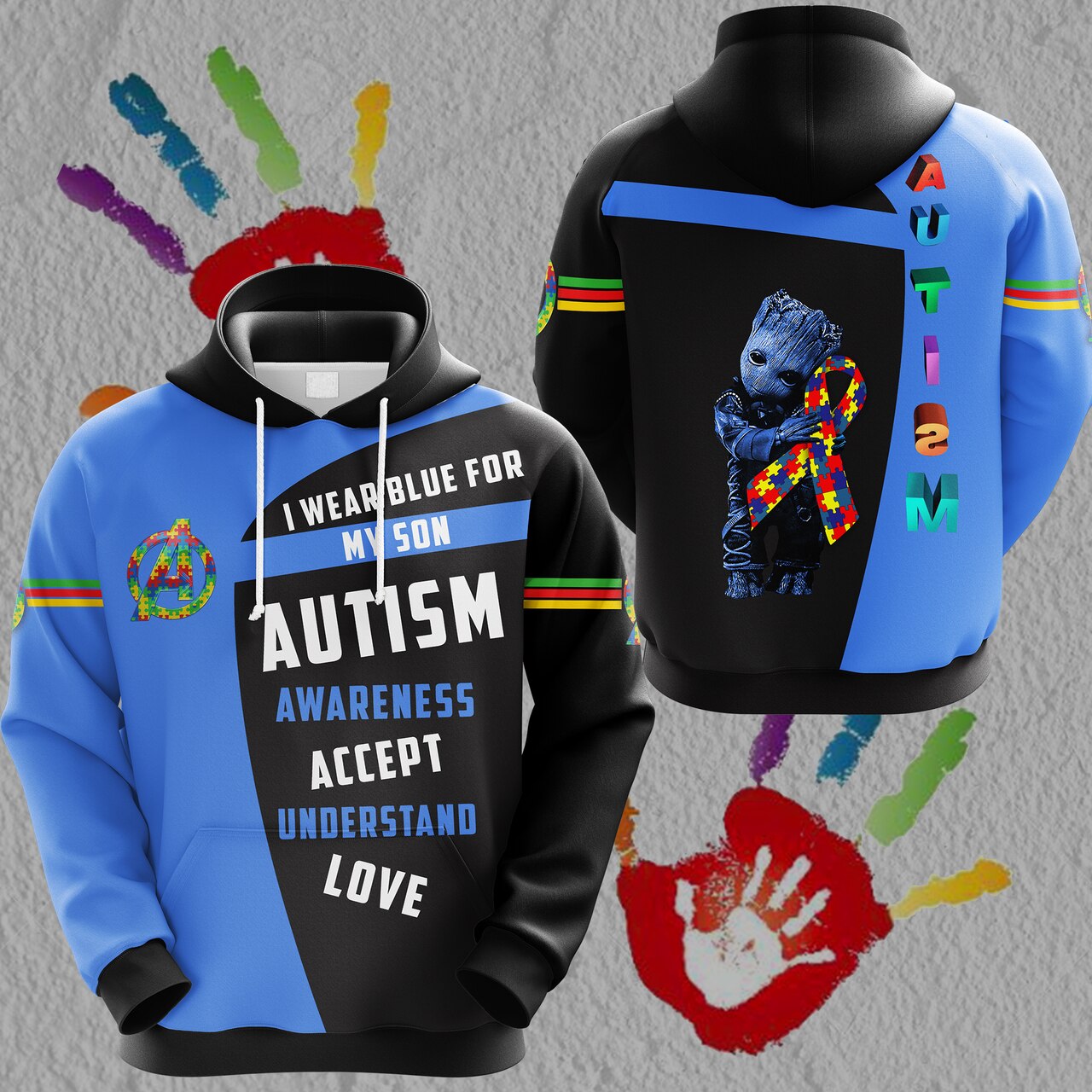 Groot i wear blue for my son autism awareness all over print hoodie