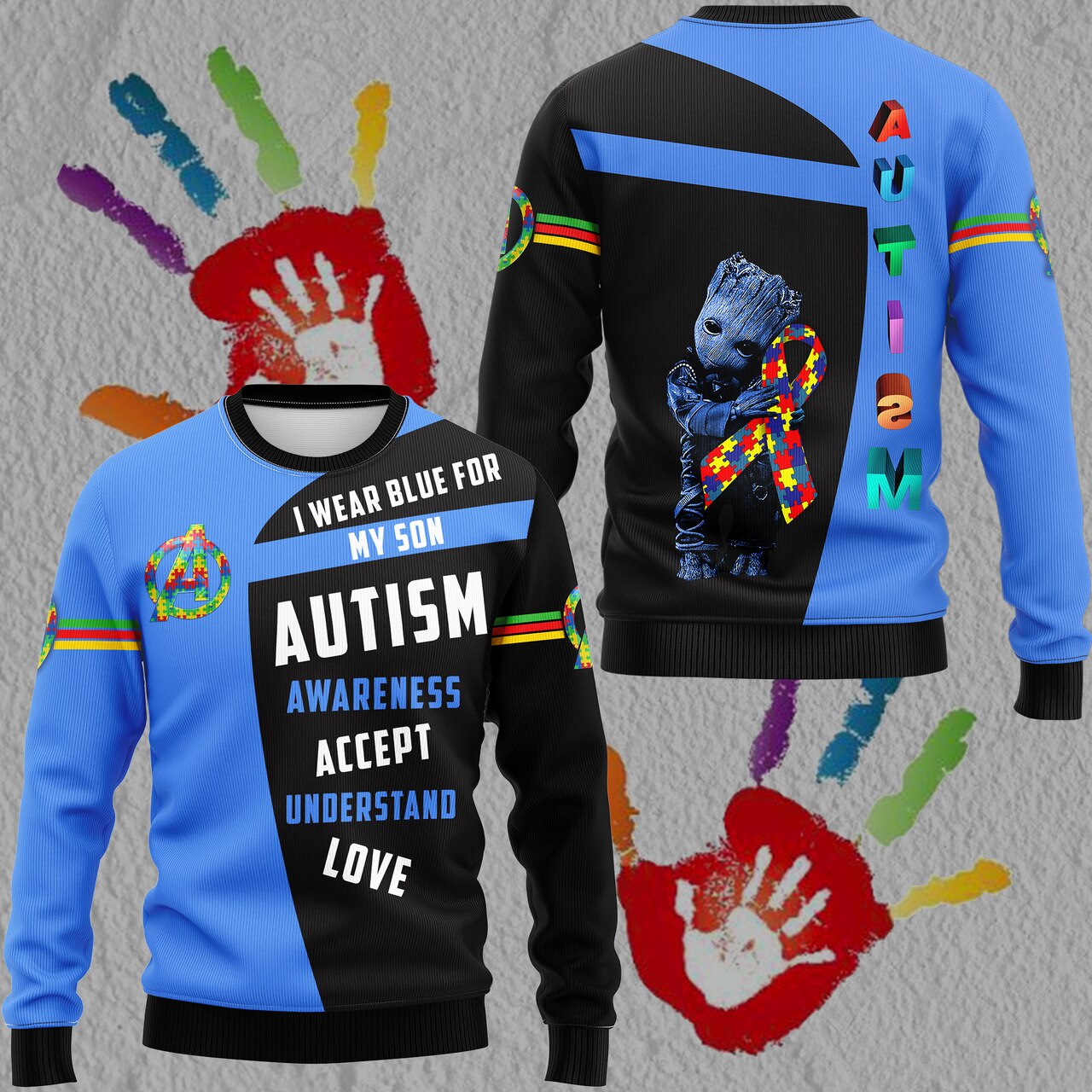 Groot i wear blue for my son autism awareness all over print sweatshirt