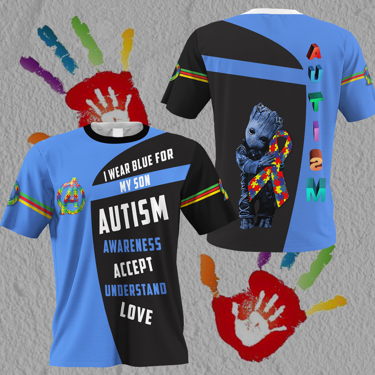 Groot i wear blue for my son autism awareness all over print tshirt
