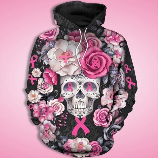 Skull rose breast cancer awareness full printing hoodie 1