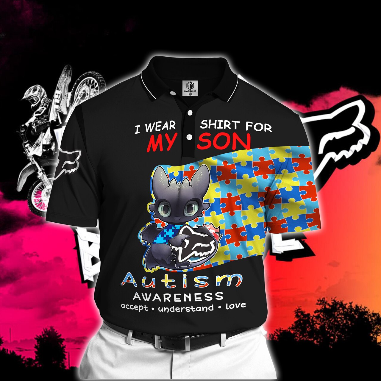Toothless i wear blue for my son autism awareness all over printed polo