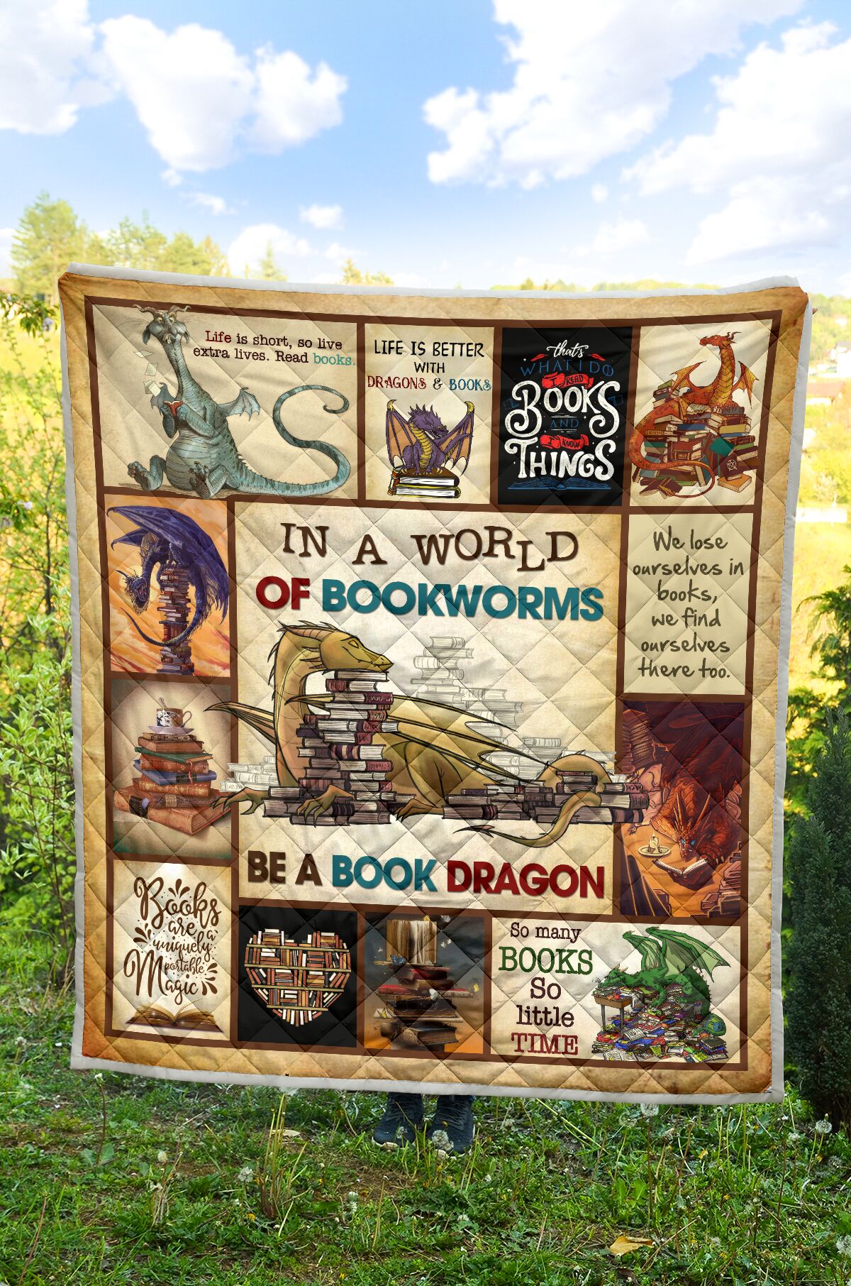 In a world of bookworms be a book dragon full over printed quilt 3