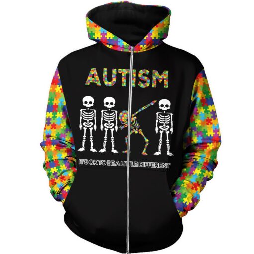 Skull it's ok to be a little different autism awareness full over print zip hoodie