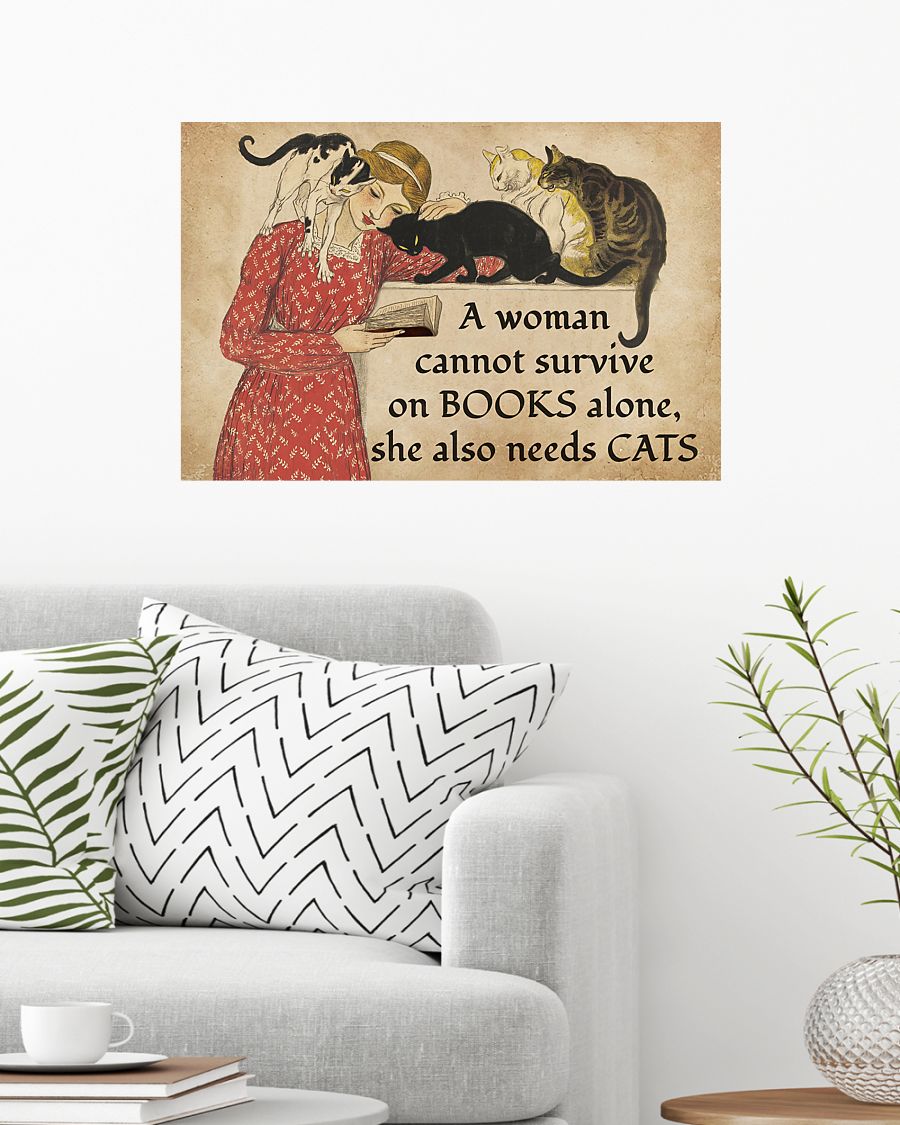 a woman survive on books alone she also needs cats vintage poster 2