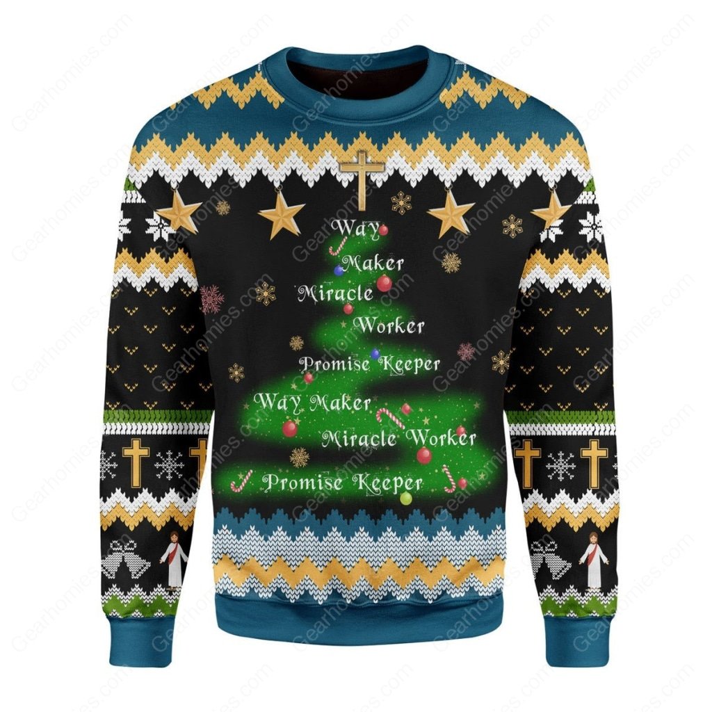 christmas tree way maker miracle worker promise keeper all over printed ugly christmas sweater 2