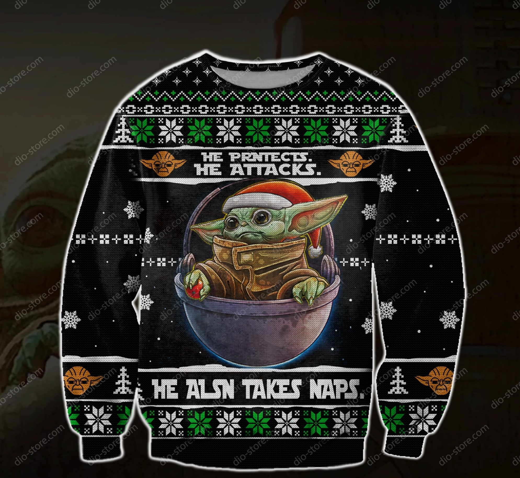 baby yoda he protects he attacks he also takes naps all over printed ugly christmas sweater 2 - Copy (2)