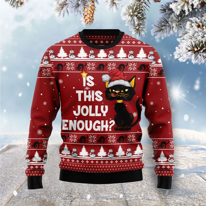 christmas light black cat is this jolly enough all over printed ugly christmas sweater 2
