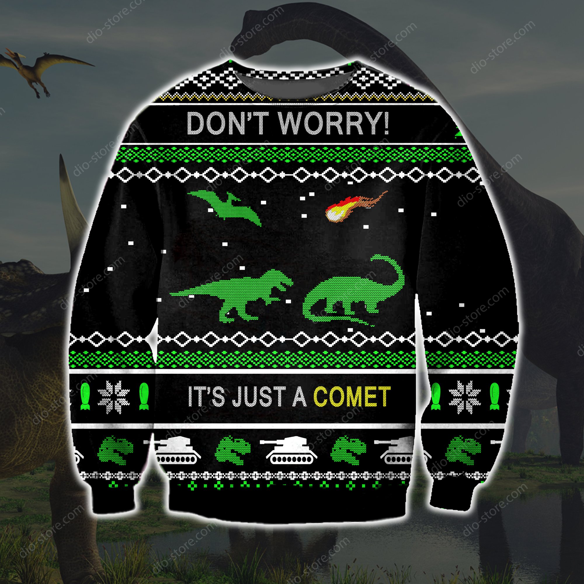 dinosaur dont worry its just a comet all over printed ugly christmas sweater 2 - Copy (2)