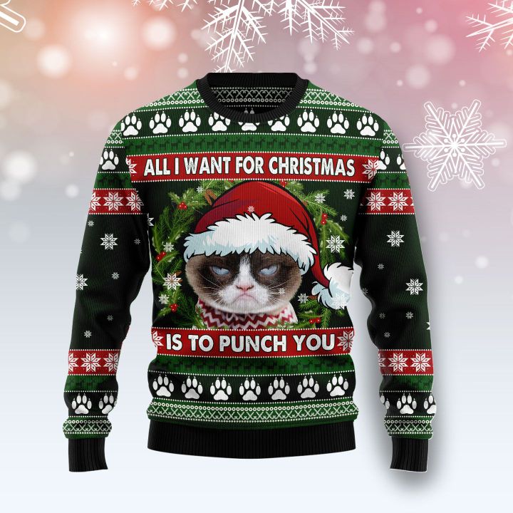 grumpy cat all i want for christmas is to punch you ugly christmas sweater 2