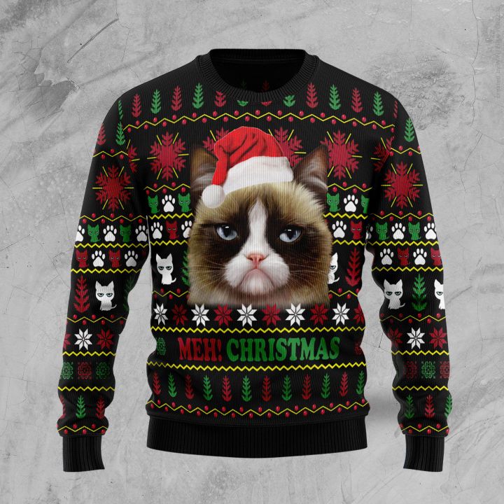 grumpy cat meh christmas all over printed ugly christmas sweater 2