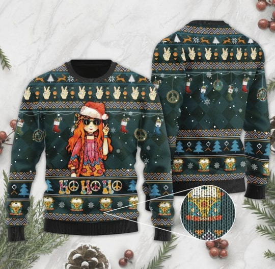 hippie girl ho ho ho all over printed ugly christmas sweater 2
