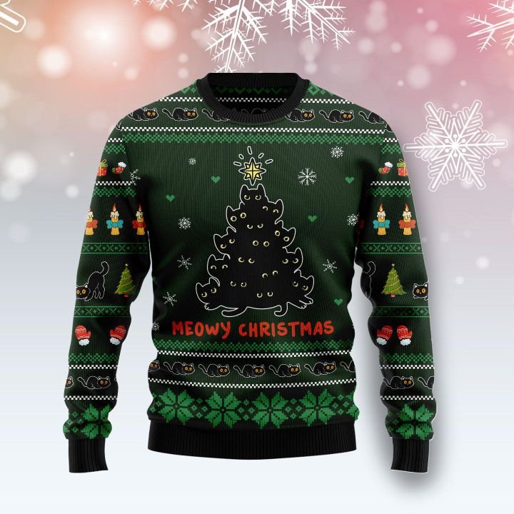 meowy christmas black cat christmas tree all over printed ugly christmas sweater 2